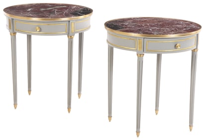 A LARGE PAIR OF LOUIS XVI STYLE GREY PAINTED AND BRONZE MOUNTED MARBLE TOP GUERIDONS.