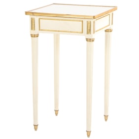 SINGLE LOUIS XVI STYLE PAINTED AND BRONZE MOUNTED TABLE WITH MIRRORED TOP.