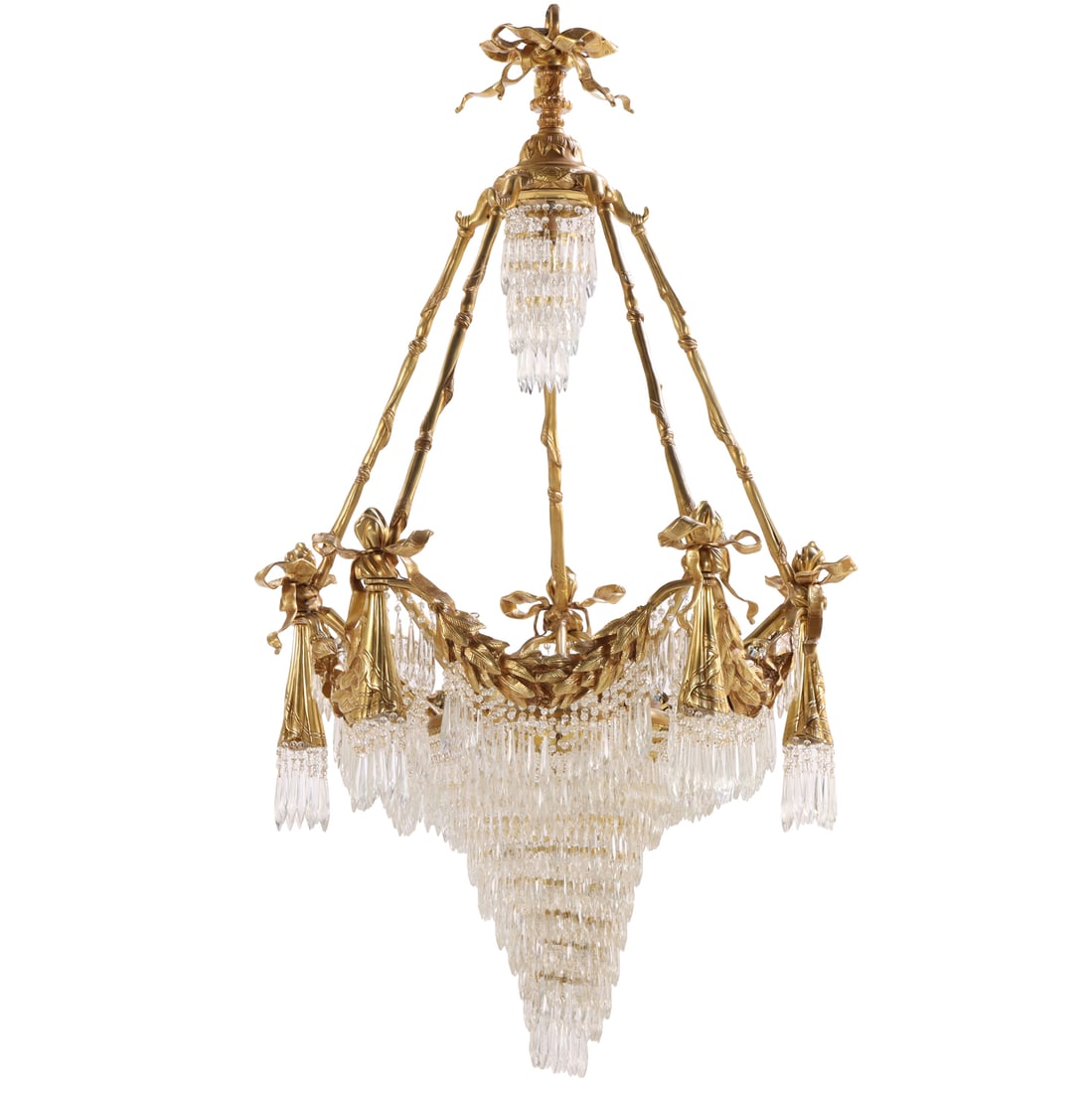 A LARGE BRONZE AND CRYSTAL LOUIS XV STYLE CHANDELIER HAVING RIBBON MOTIFS AND GRADUATED (1 of 6)