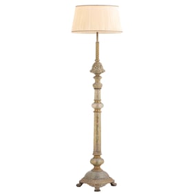 BRONZE FLOOR LAMP HAVING RARE GLASS WITH UNKNOWN METAL OVERLAY C 1950 IN THE MANNER OF TIFFANY.