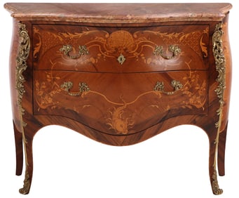 A FRENCH MARBLE TOP SERPENTINE FRONT COMMODE HAVING SHELL AND FISH INLAY AND FLORAL ORMOLU.