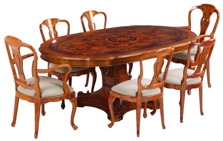 AN ITALIAN SINGLE PEDESTAL INLAID DINING ROOM TABLE ALONG WITH SIX MATCHING INLAID CHAIRS.