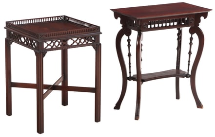 A MAHOGANY CHINESE CHIPPENDALE STYLE END TABLE ALONG WITH A MAHOGANY END TABLE CIRCA 1900.