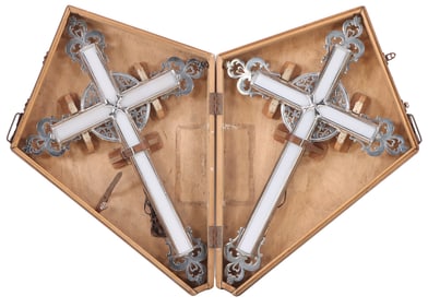 A CUSTOM WOOD CARRYING CASE HOUSING A PAIR OF ILLUMINATING GOTHIC-STYLE METAL CROSSES, C. MID