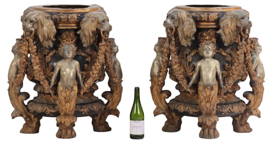 30" PAIR OF POLYCHROMED BRONZE PLANTERS HAVING FIGURES AND DOG HEADS.