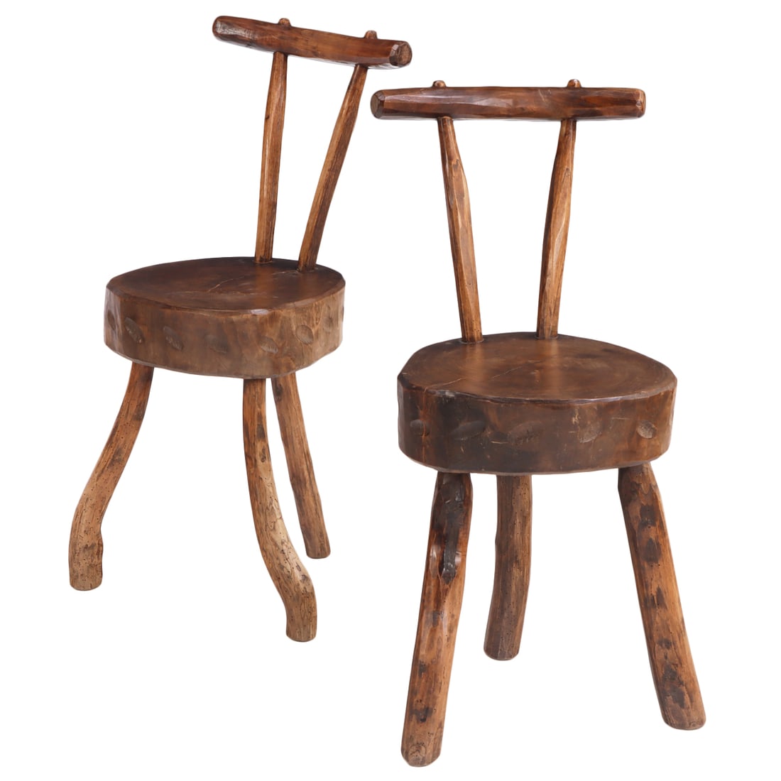 PAIR PRIMITIVE FRENCH BRUTALIST STYLE SIDE CHAIRS HAVING THICK PLANK SEATS C 1940. (1 of 6)