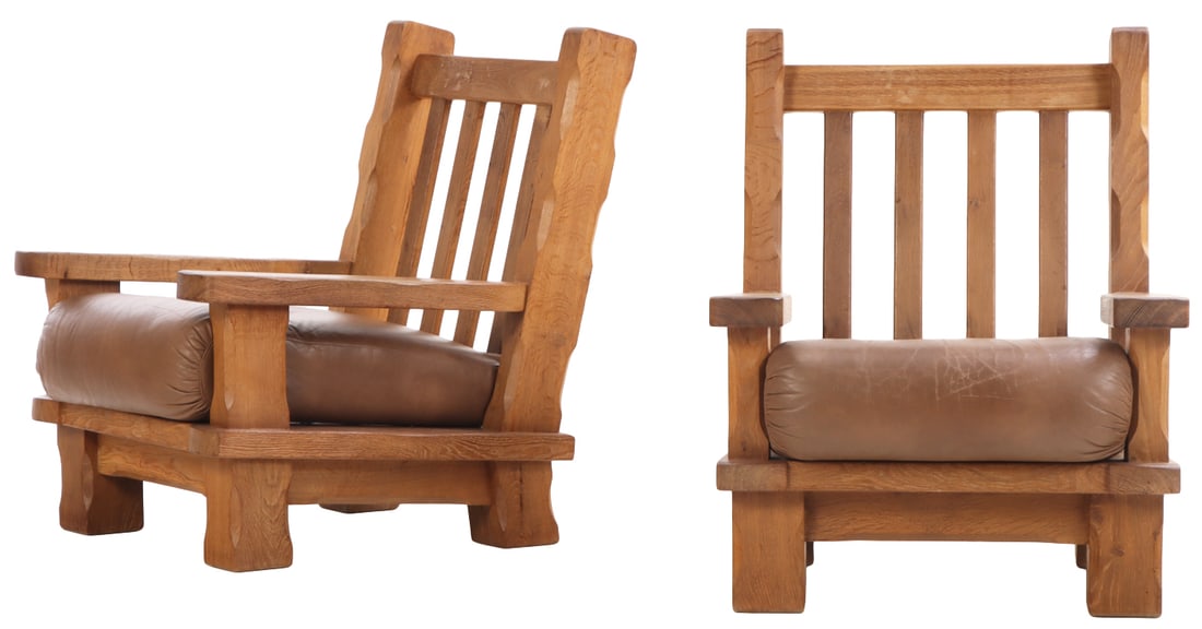 PAIR OF FRENCH HEAVY OAK BRUTALIST STYLE OPEN ARM CHAIRS C 1950 HAVING CHAMFORED EDGES. (1 of 8)