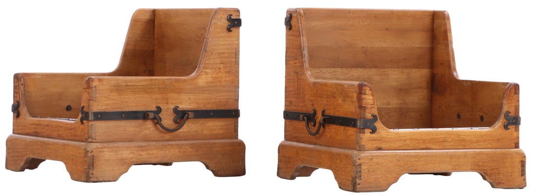 FRENCH BRUTALIST STYLE PAIR OF OAK ARM CHAIRS WITH IRON HARDWARE C 1960. (1 of 6)