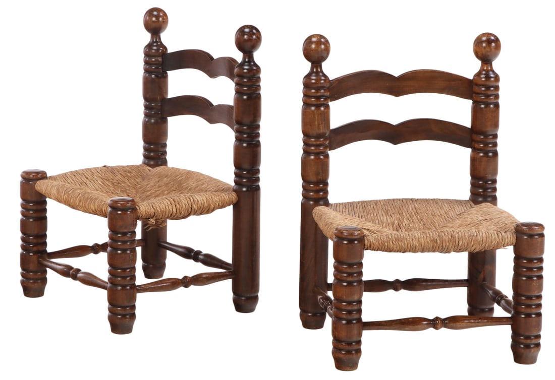 PAIR OF DIMINUTIVE FRENCH TURNED WOOD AND RUSH SIDECHAIRS WITH BALL FINIALS ATTRIBUTED TO CHARLES (1 of 6)