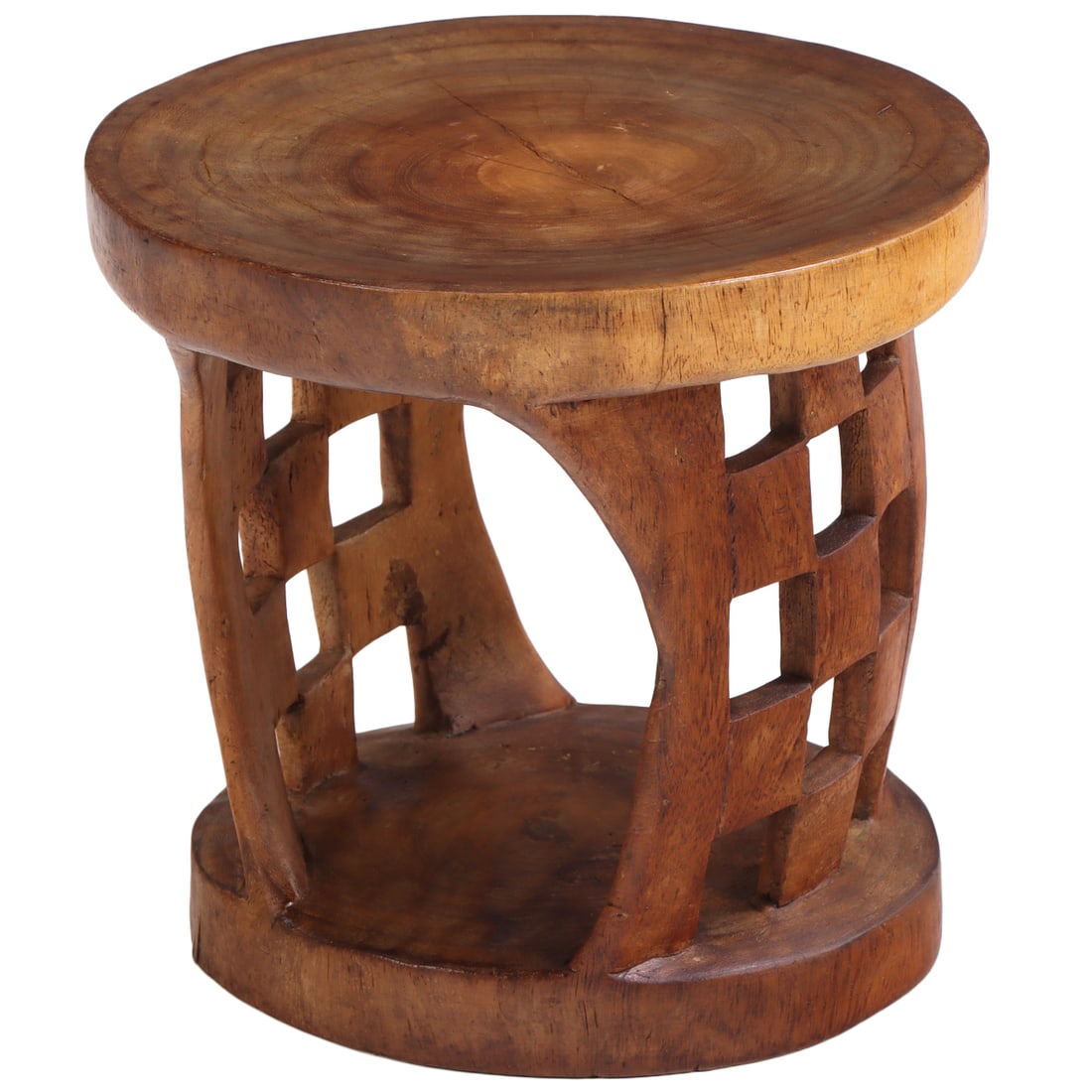 ROUND CARVED MAHOGANY OPEN WORK STOOL. (1 of 5)