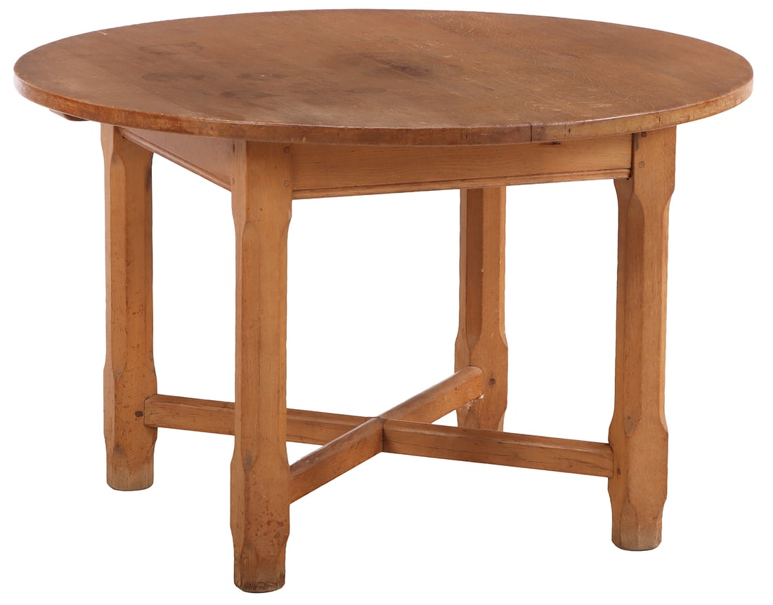 FRENCH BRUTALIST STYLE SOLID OAK TABLE WITH X STRETCHER C 1945. MADE WITH VERY THICK LUMBER. (1 of 5)