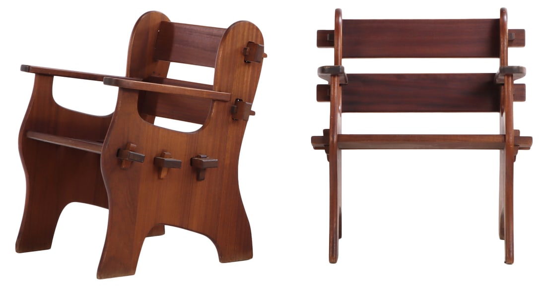 PAIR BELGIAN MAHOGANY OPEN ARM CHAIRS HAVING MORTIS AND TENON CONSTRUCTION C 1960.: Pair Belgian mahogany open arm chairs having mortis and tenon construction C 1960. Ht: 32" Wd: 29" Dpth: 24" Seat: 17"