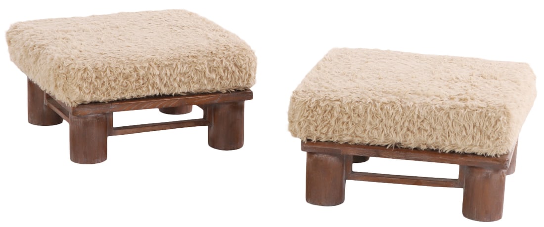 PAIR OAK " DOWELWOOD" OTTOMANS IN THE MANNER OF KARL SPRINGER HAVING FAUX GOAT HAIR UPHOLSTERY. (1 of 6)