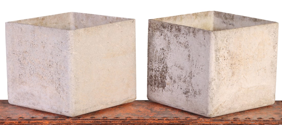 PAIR FRENCH CAST STONE SQUARE PLANTERS BY WILLY GUHL C 1975. (1 of 6)