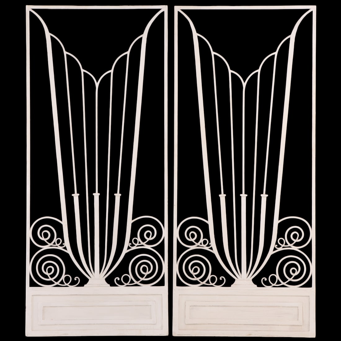 EXCEPTIONAL PAIR OF ART DECO STYLE IRON DOOR PANELS. THERE IS A RECESS ON THE REAR TO ALLOW FOR: Exceptional pair of Art Deco style iron door panels. There is a recess on the rear to allow for glass ( not present). Ht: 82.5" Wd: 35.5" Dpth: 1.25"