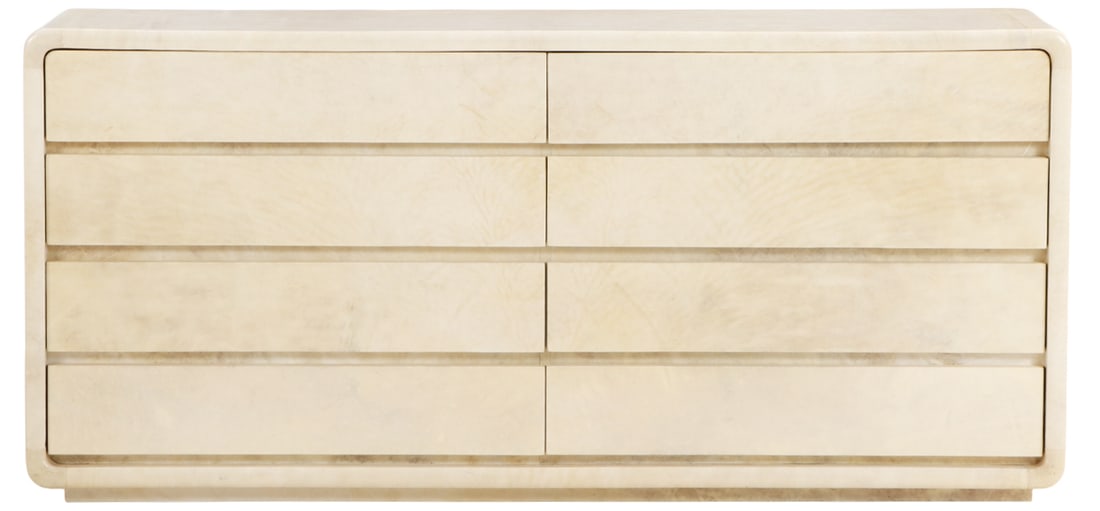 EIGHT DRAWER PARCHMENT COVERED DRESSER C 1960 HAVING ROUNDED CORNERS. (1 of 8)