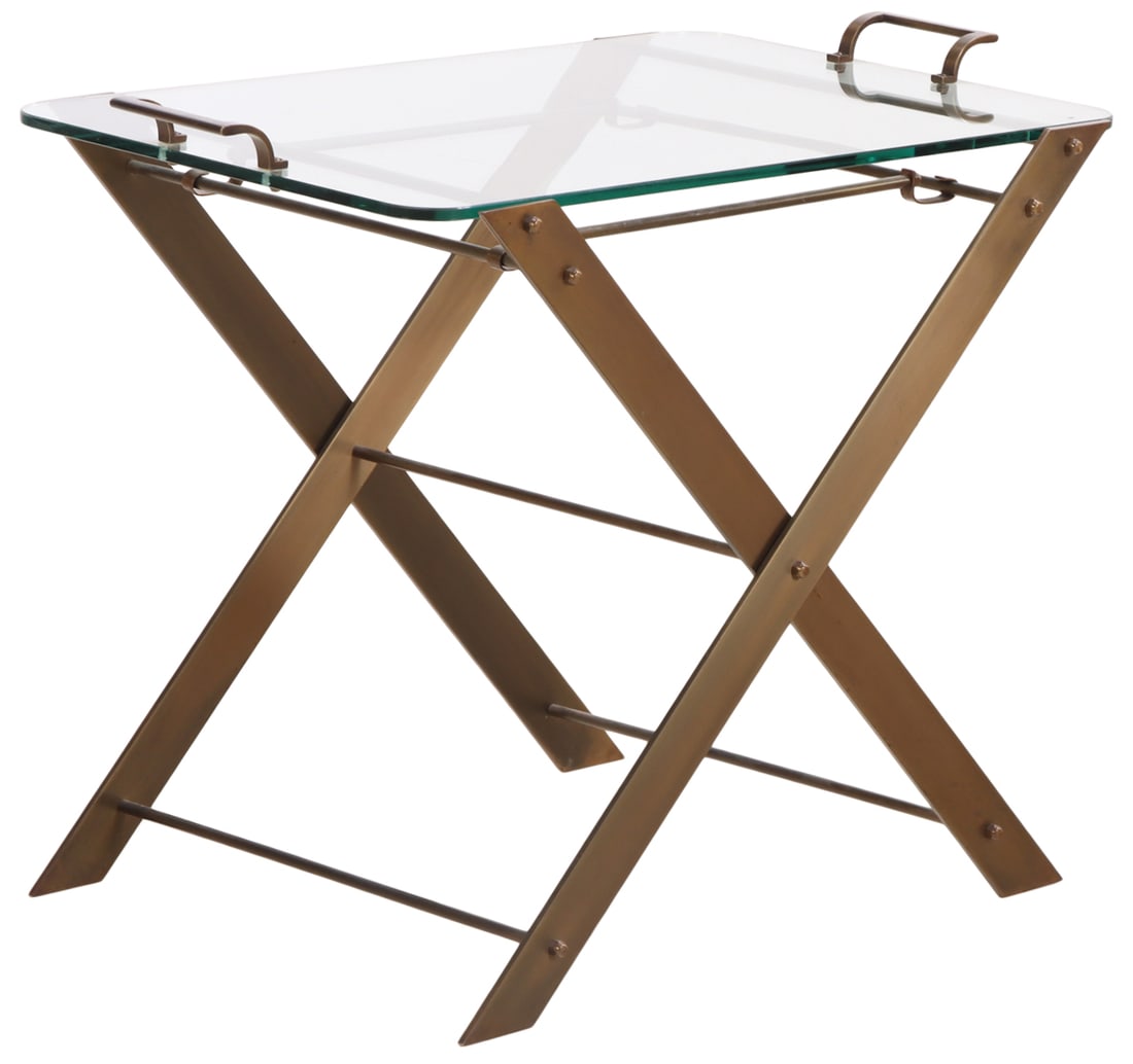 BRONZE AND GLASS SERVING TRAY ON A BRONZE FOLDING X FORM BASE C 1970.. (1 of 5)