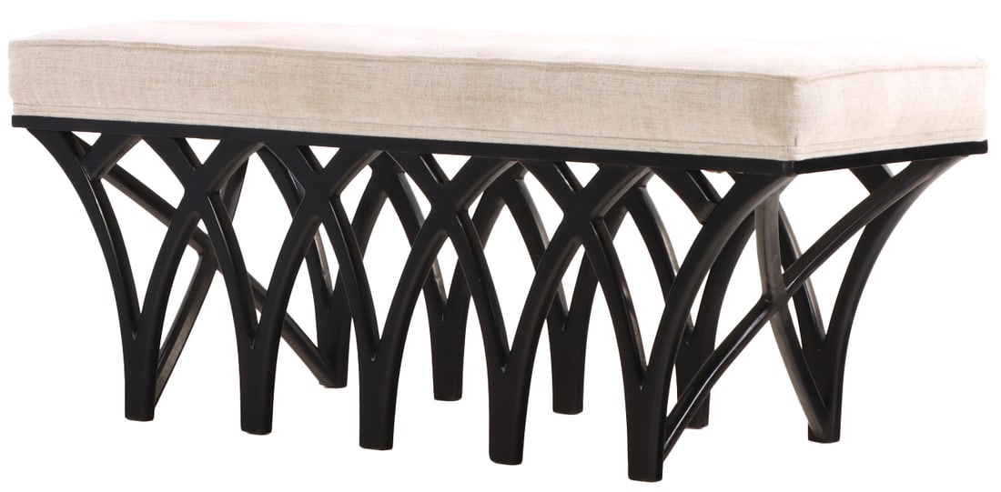 EBONIZED WOOD AND UPHOLSTERED WINDOW BENCH, (1 of 4)