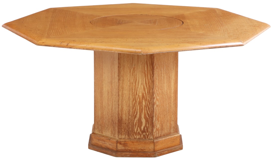 FRENCH OAK PEDESTAL TABLE HAVING AN OCTANGONAL TOP WITH A CENTRAL LAZY SUSAN C 1960. (1 of 6)