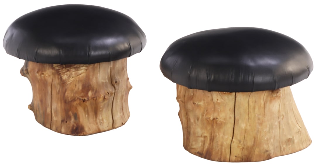 PAIR TREE STUMP LEATHER UPHOLSTERED STOOLS. (1 of 4)