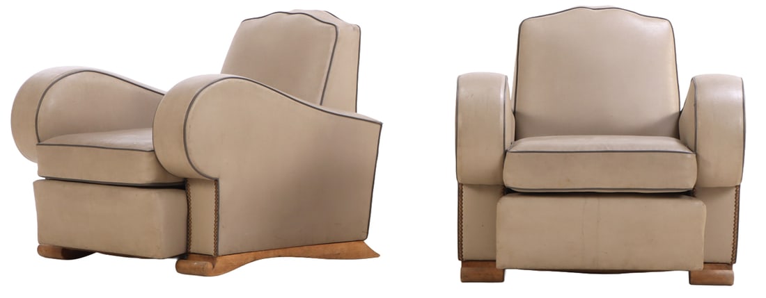 LARGE PAIR OF FRENCH CLUB CHAIRS HAVING EXAGGERATED LINES C 1930 UPHOLSTERED IN VINYL. (1 of 7)