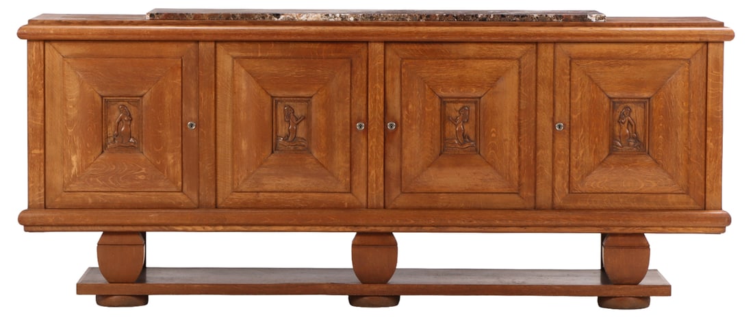 FRENCH OAK ART DECO MARBLE TOP SIDEBOARD HAVING FOUR DOORS WITH UNIQUE CARVINGS OF MERMAIDS C (1 of 11)