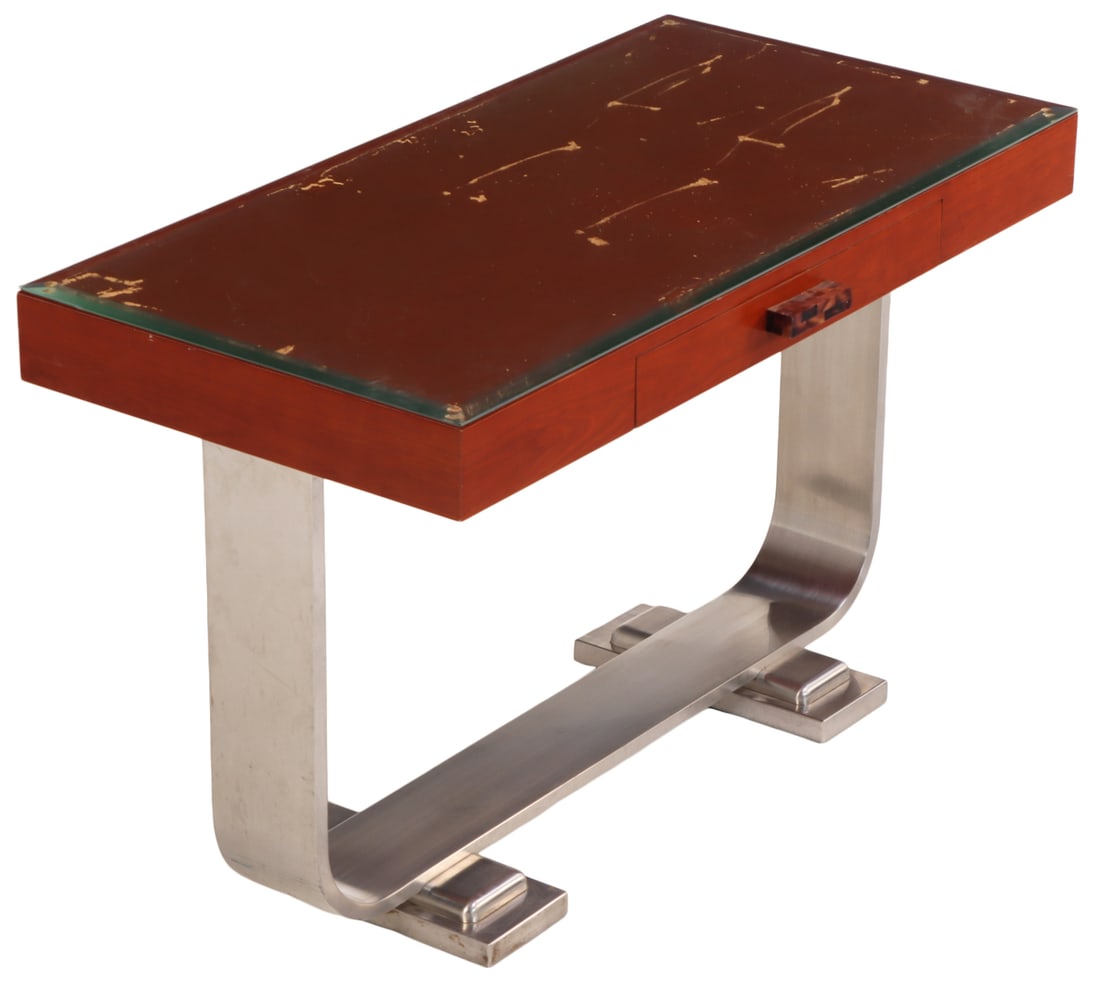 ART DECO STYLE STEEL AND LEATHER WRITING DESK HAVING A SINGLE DRAWER. GLASS TOP AFIXED TO (1 of 7)