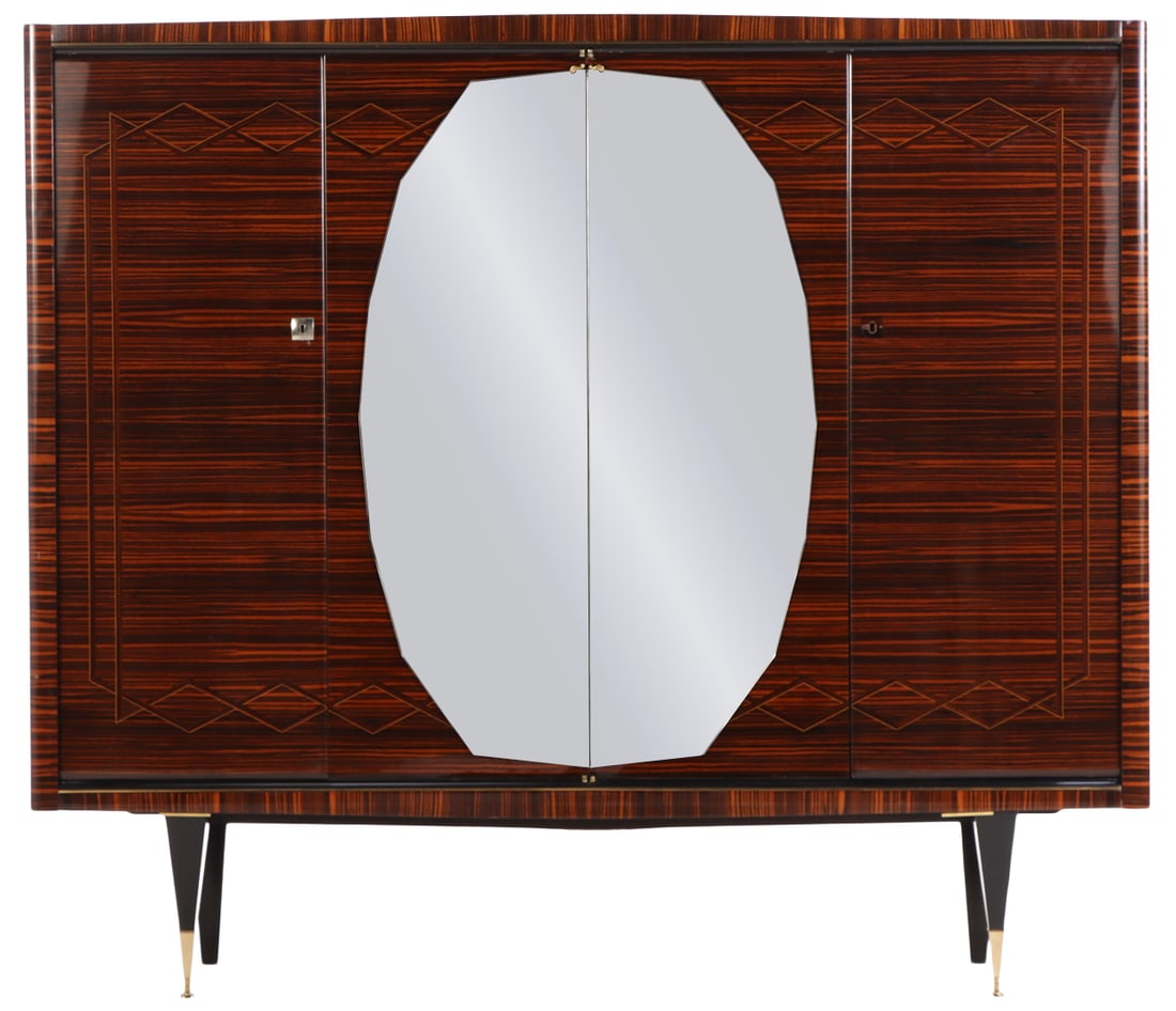 FRENCH ART DECO CABINET IN EBONY MACASSAR HAVING FOUR DOORS WITH INLAY, A CENTRAL MIRROR AND A (1 of 8)