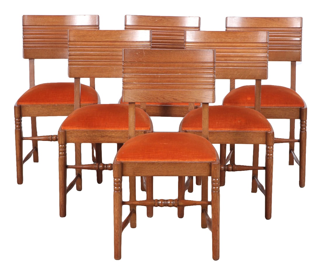 SIX FRENCH OAK DINING CHAIRS BY CHARLES DUDOUYT C 1940. (1 of 7)