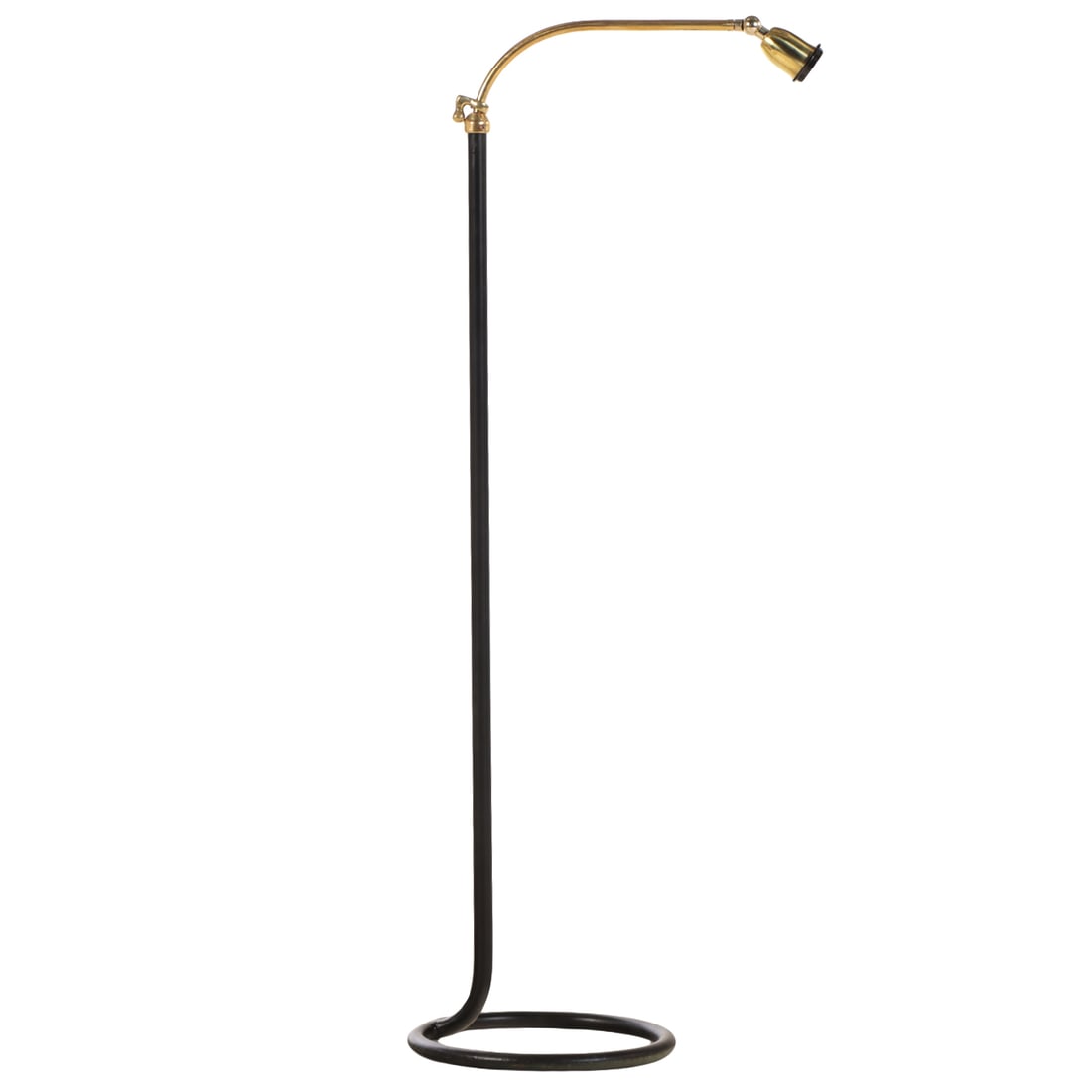 IRON AND BRASS FLOOR LAMP HAVING A CIRCULAR BASE IN THE MANNER OF JACQUES ADNET. (1 of 6)