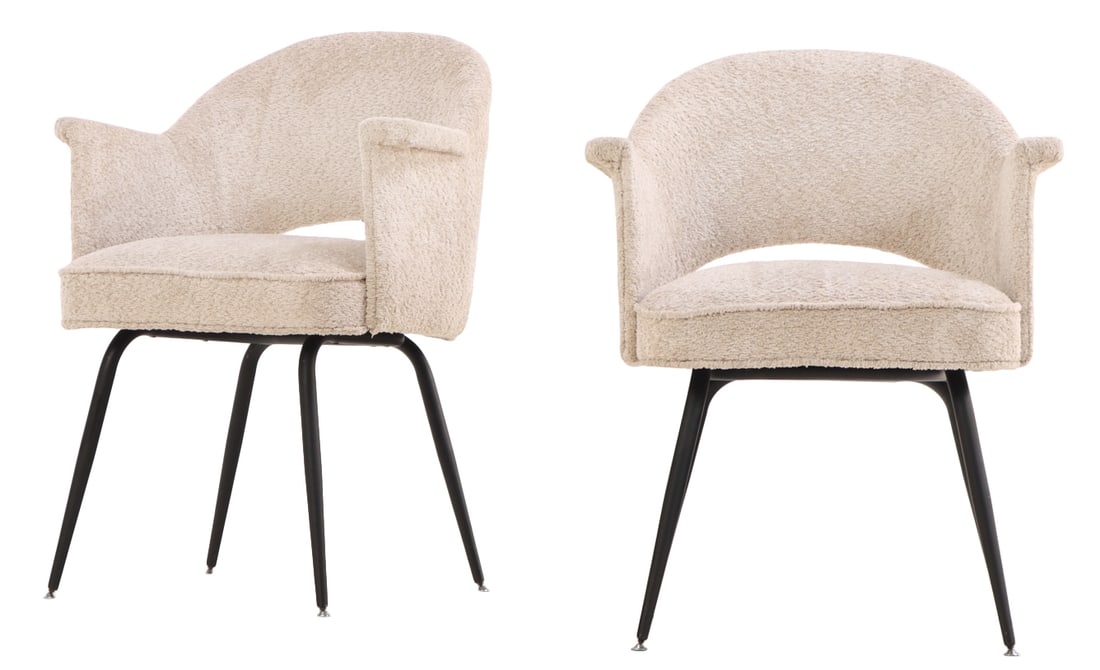 PAIR LOUNGE CHAIRS ON IRON LEGS IN THE MANNER OF JULES LELEU C 1960. RECENTLY UPHOLSTERED IN A (1 of 5)