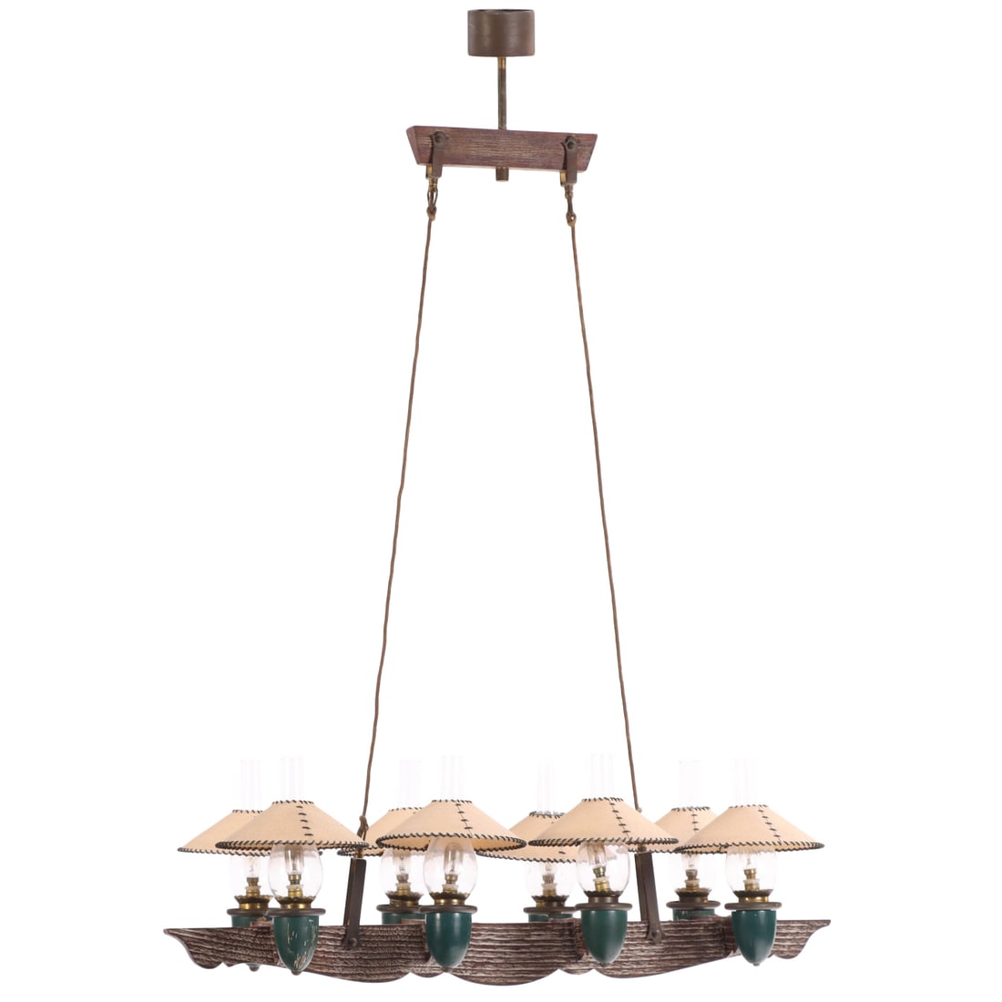 RARE EIGHT LIGHT CERUSED OAK, BRASS AND CERAMIC CHANDELIER WITH SHADES C 1940. (1 of 6)