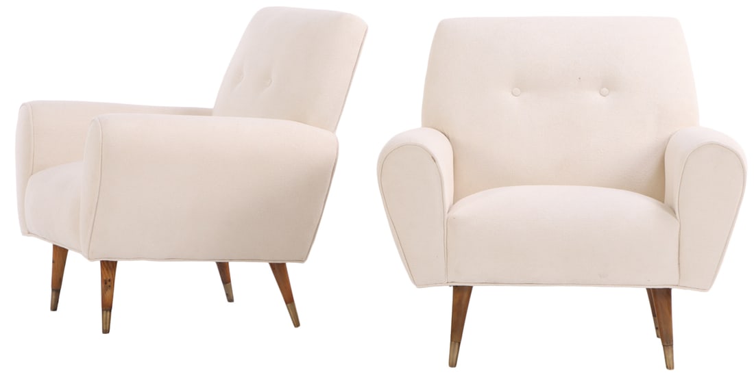 PAIR OF UPHOLSTERED LOUNGE CHAIRS C 1955 HAVING ROLLED ARMS AND NEW FABRIC. (1 of 5)