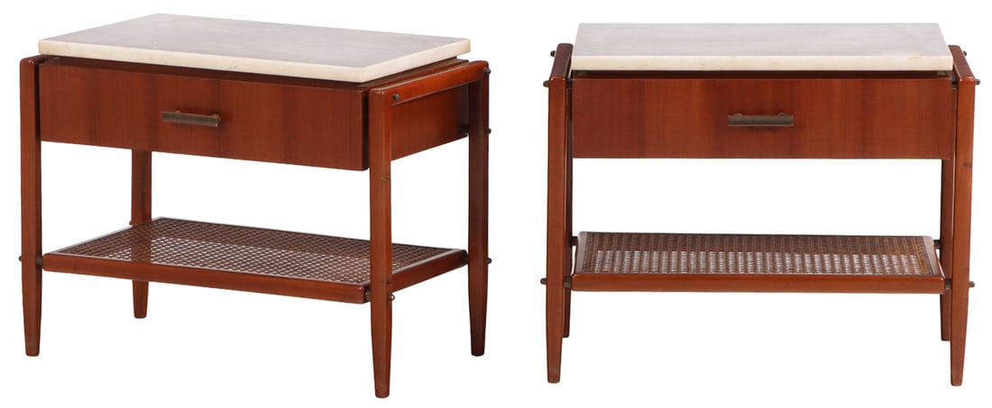 A PAIR OF MAHOGANY NIGHT STANDS WITH STONE TOPS CIRCA 1960. (1 of 6)