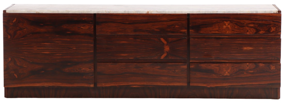 NINE DRAWER MARBLE TOP DRESSER HAVING HIGHLY FIGURED ROSEWOOD VENEERS C 1955. (1 of 6)