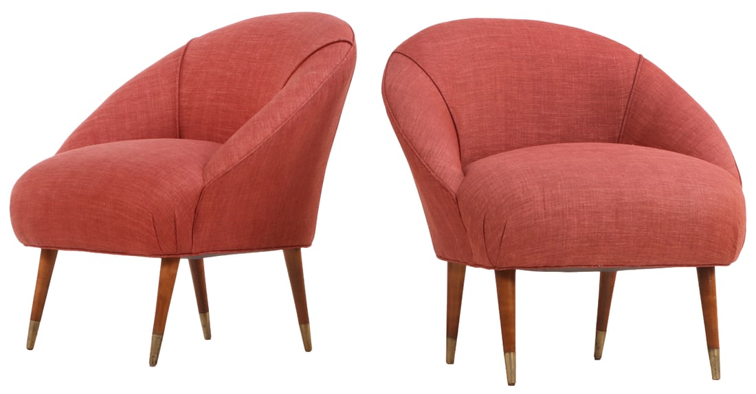 A PAIR OF CRESCENT SHAPED ITALIAN LOUNGE CHAIRS C 1950 HAVING NEW FABRIC, (1 of 5)