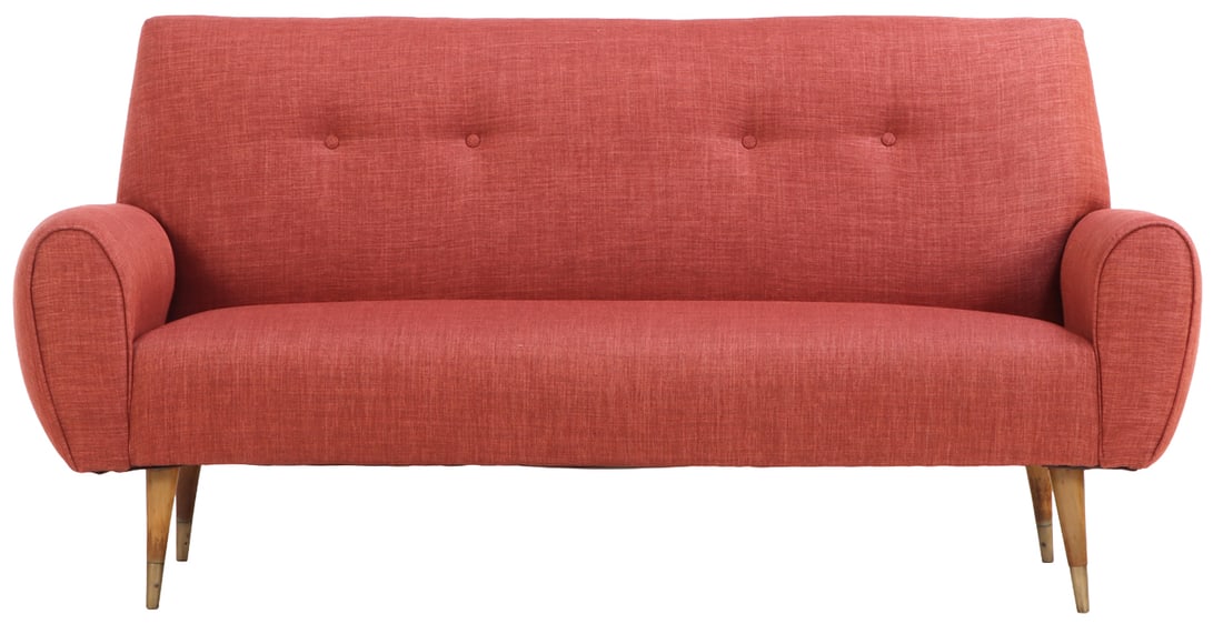 AN UPHOLSTERED SOFA WITH ROLLED ARMS C 1950 HAVING NEW FABRIC. (1 of 2)