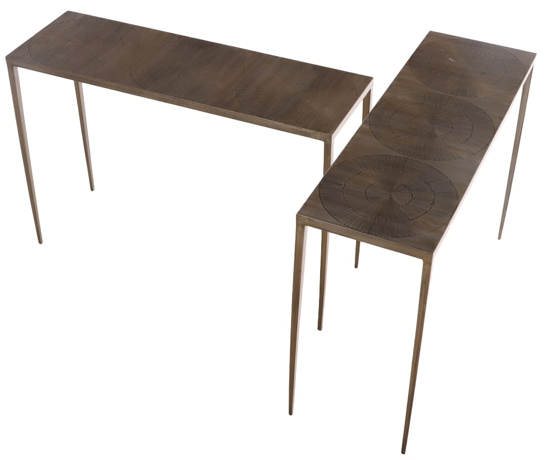 A PAIR OF IRON CONSOLE TABLES IN THE MANNER OF GIACOMETTI HAVING A BRONZE WASH WITH CIRCULAR (1 of 5)