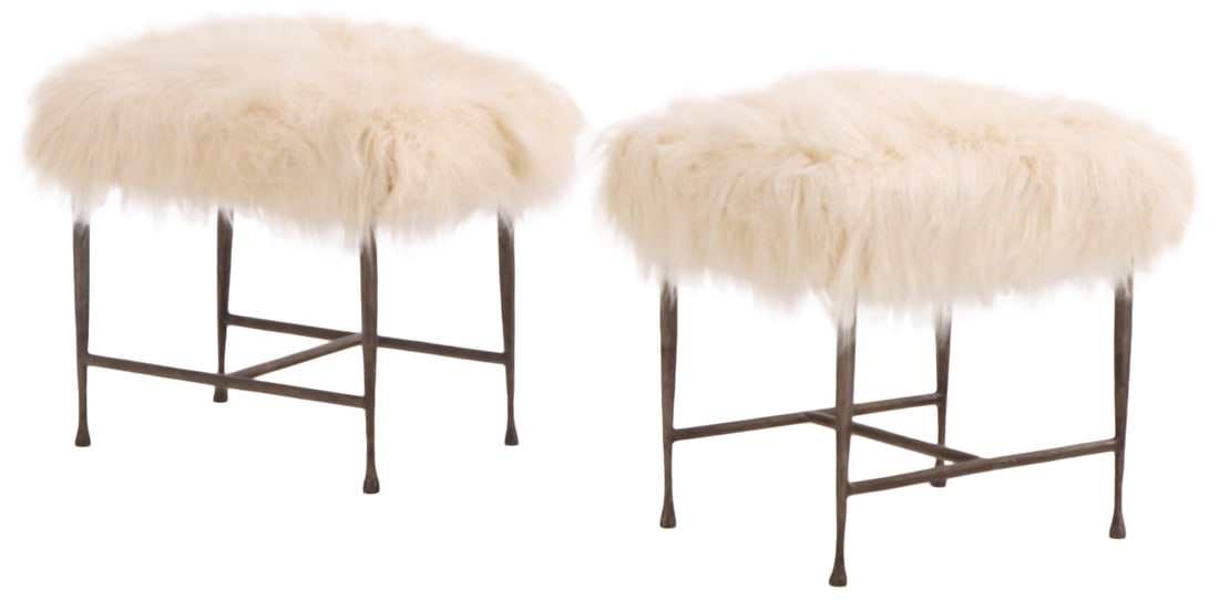 PAIR OF HAND HAMMERED IRON STOOLS UPHOLSTERED IN FAUX GOAT HAIR. (1 of 6)
