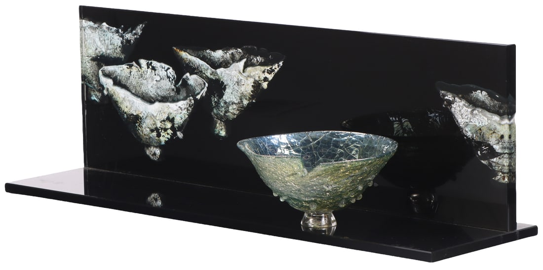 JUDITH LASCOLA (AMERICAN B.1955) DECORATED GLASS SHELF WITH BOWL, SIGNED & DATED 1995 (1 of 11)
