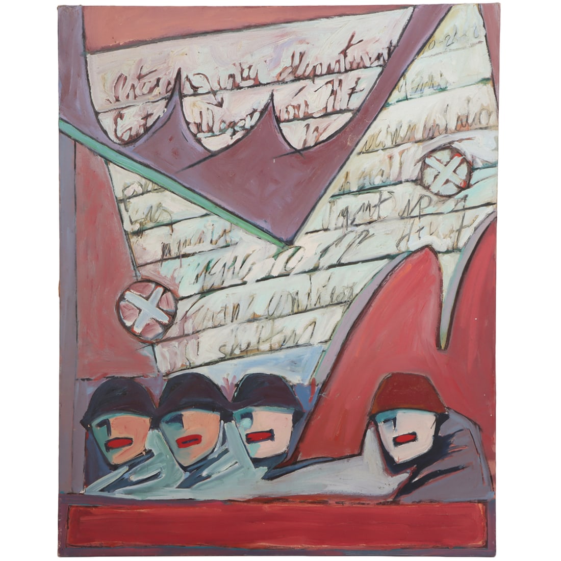 LARGE FORMAT ABSTRACT EXPRESSIONIST PAINTING DEPICTING SOLDIERS AND INSCRIPTIONS, OIL ON: Large format Abstract Expressionist painting depicting soldiers and inscriptions, oil on canvas, inscribed Bradovich on stretcher C 1980. Ht: 60" Wd: 48" Dpth: 1"