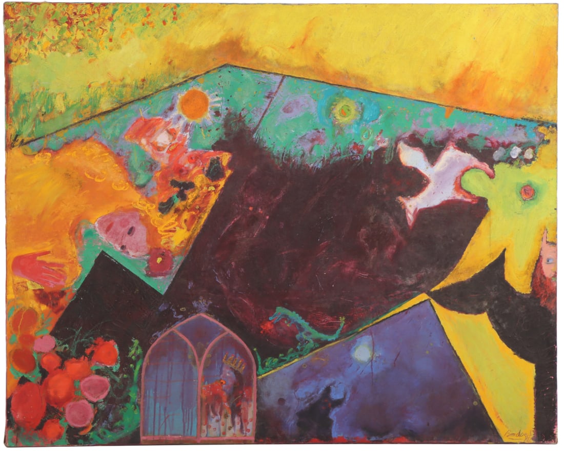 LARGE FORMAT ABSTRACT EXPRESSIONIST PAINTING " THE REPTILE SUMMER" OIL ON CANVAS, SIGNED BRADOVICH: Large format Abstract Expressionist painting " The Reptile Summer" oil on canvas, signed Bradovich '82. Ht: 48.25" Wd: 60.25" Dpth: 1.75"