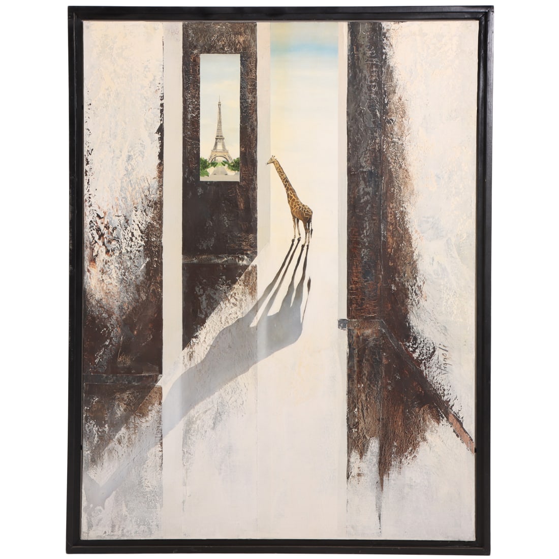 FERNANDO VIGNOLI (BRAZILIAN 1960-2016) "SOUL MATE" LARGE FORMAT SURREAL PAINTING FEATURING A: Fernando Vignoli (Brazilian 1960-2016) "Soul Mate" large format surreal painting featuring a giraffe, oil on canvas, signed C 2006. Ht: 63.25" Wd: 48.75" Dpth: 2.5"
