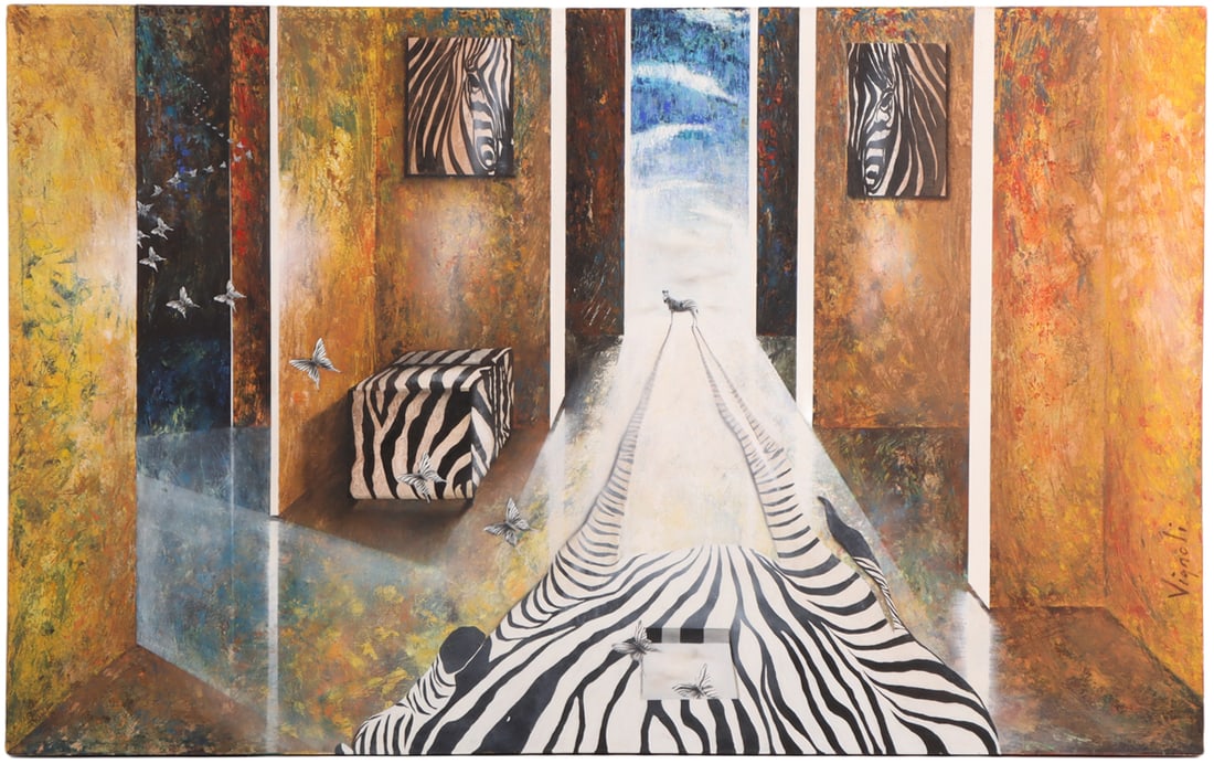 FERNANDO VIGNOLI (BRAZILIAN 1960-2016) LARGE FORMAT SURREALIST PAINTING WITH BUTTERFLIES AND: Fernando Vignoli (Brazilian 1960-2016) Large format Surrealist painting with butterflies and zebra, oil on canvas, signed C 1990. Ht: 60" Wd: 96" Dpth: 3"