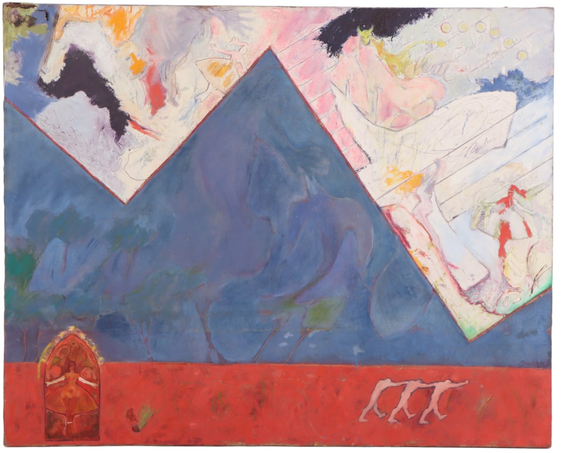 LARGE FORMAT ABSTRACT EXPRESSIONIST PAINTING, OIL AND SGRAFFITO ON CANVAS, SIGNED BRADOVICH C 1980.: Large format Abstract Expressionist painting, oil and sgraffito on canvas, signed Bradovich C 1980. Ht: 48" Wd: 60" Dpth: 2"