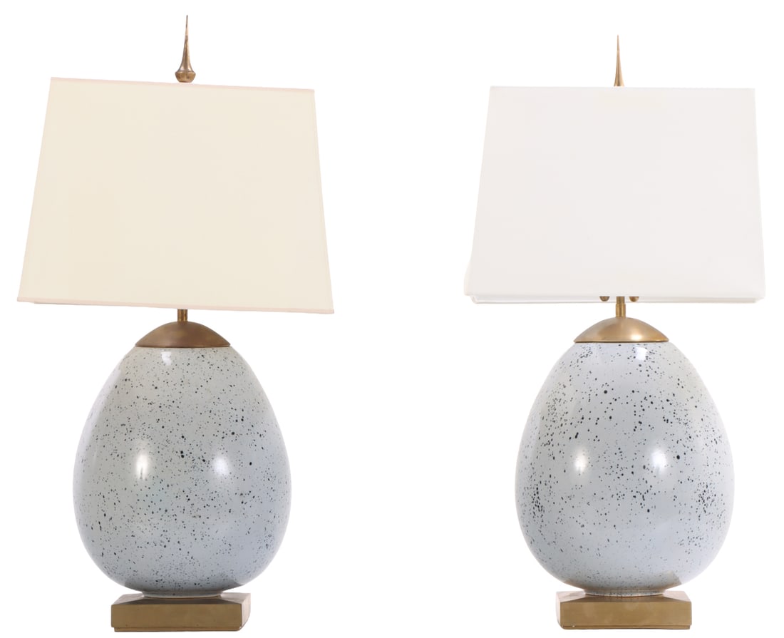 PAIR OF EGG FORM TABLE LAMPS BY VISUAL COMFORT, CERAMIC WITH SPECKLED GLAZE, RECTANGULAR SHADES C (1 of 7)