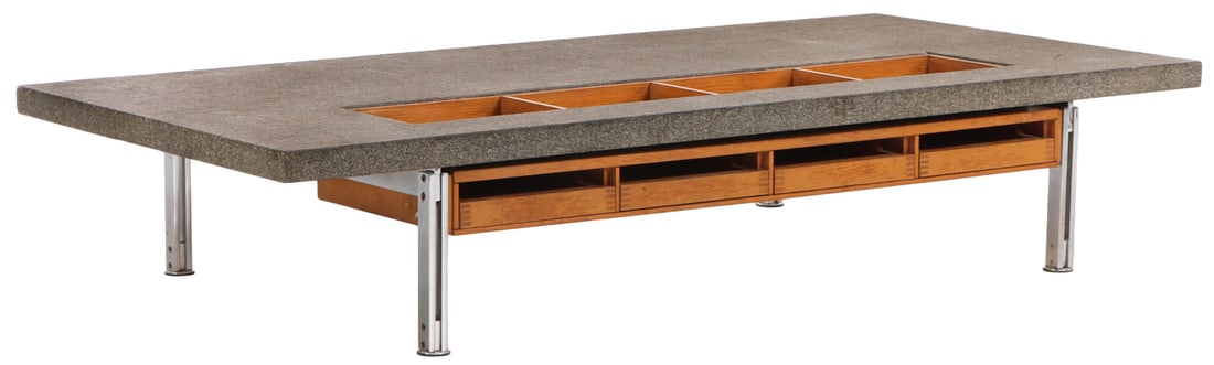 NEVER SEEN STEEL, ALUMINUM AND OAK COFFEE TABLE C 1970. PROBABLY A ONE OF A KIND PIECE. TOP IS HEAVY (1 of 7)