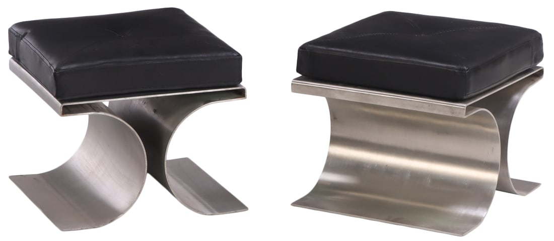 PAIR OF STAINLESS STEEL STOOLS DESIGNED BY MICHEL BOYER HAVING LOOSE LEATHER CUSHIONS. (1 of 6)