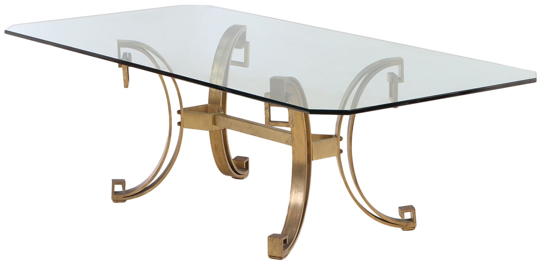 HEAVY BRONZE AND GLASS DINING TABLE HAVING HANGING RECTANGLES AND OPTIONAL MARBLE LOWER SHELF C (1 of 7)