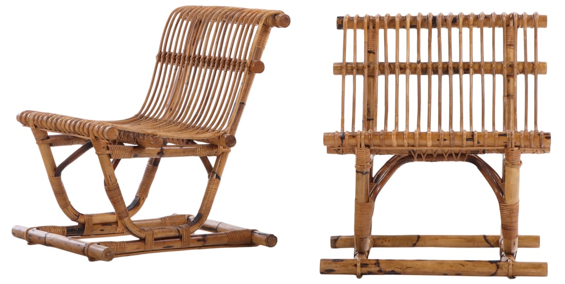 PAIR ITALIAN RATTAN SLIPPER CHAIRS ATTRIBUTED TOLE TITO AGNOLI C 1955. (1 of 6)